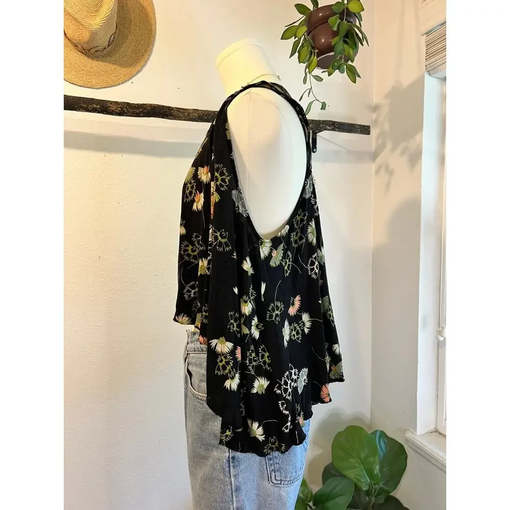 Free People Sleeveless Black Floral Print Tassel Oversized Tank Top Size XS